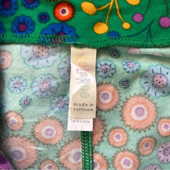 LuLaRoe Green / Pink / Yellow Patterned Leggings Size Tall and Curvy 12/18 - Picture 7 of 10